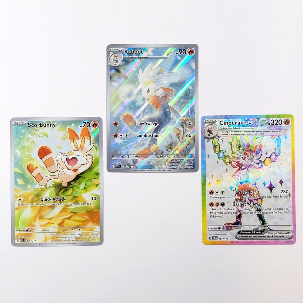 ASC Scorbunny IR, SRC Raboot IR and Cinderace EX - NM Evolution 3 Card Set